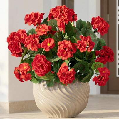 1/4 piezas Flor artificial de geranio, flores artificiales para exteriores, decoración de maceta con flores artificiales, geranios artificiales realistas, geranios artificiales para decoración de plantas falsas en exteriores (Rojo) 36.6 cm