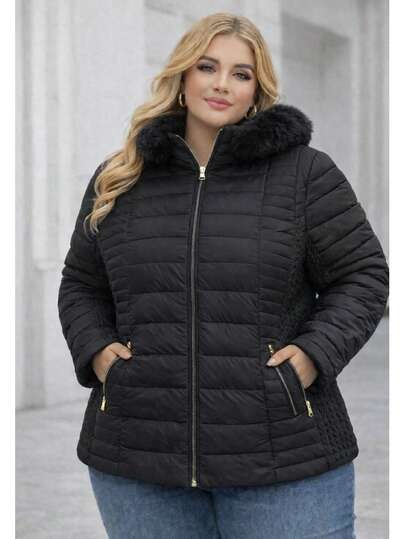 Jaqueta Feminina Plus Forrada Size Impermeaviel  Casual    Tecido    Zíper    puffer  Diário    inverno