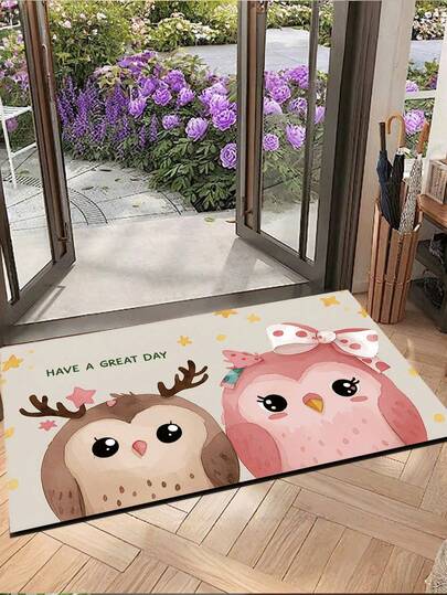 1pc Cute Cartoon Owl Doormat, Square Absorbent Non-Slip Mat, Suitable For Front Door, Entryway, Living Room, Bedroom Decor, Machine Washable, Soft & Durable