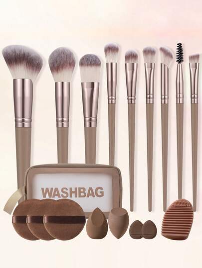 18-Piece Makeup Brush And Beauty Sponge Set Includes 9 Brushes (Powder/Blush/Highlight/Eyeshadow), 2 Ultra-Soft, Non-Absorbent Sponges, 5 Portable Puff Pads (Thumb-Shaped/Round), A Cleaning Egg, And A Travel Wash Bag, Ideal For Powder Setting, Soft, Skin-Friendly, And Convenient Full Set With Compact Storage
