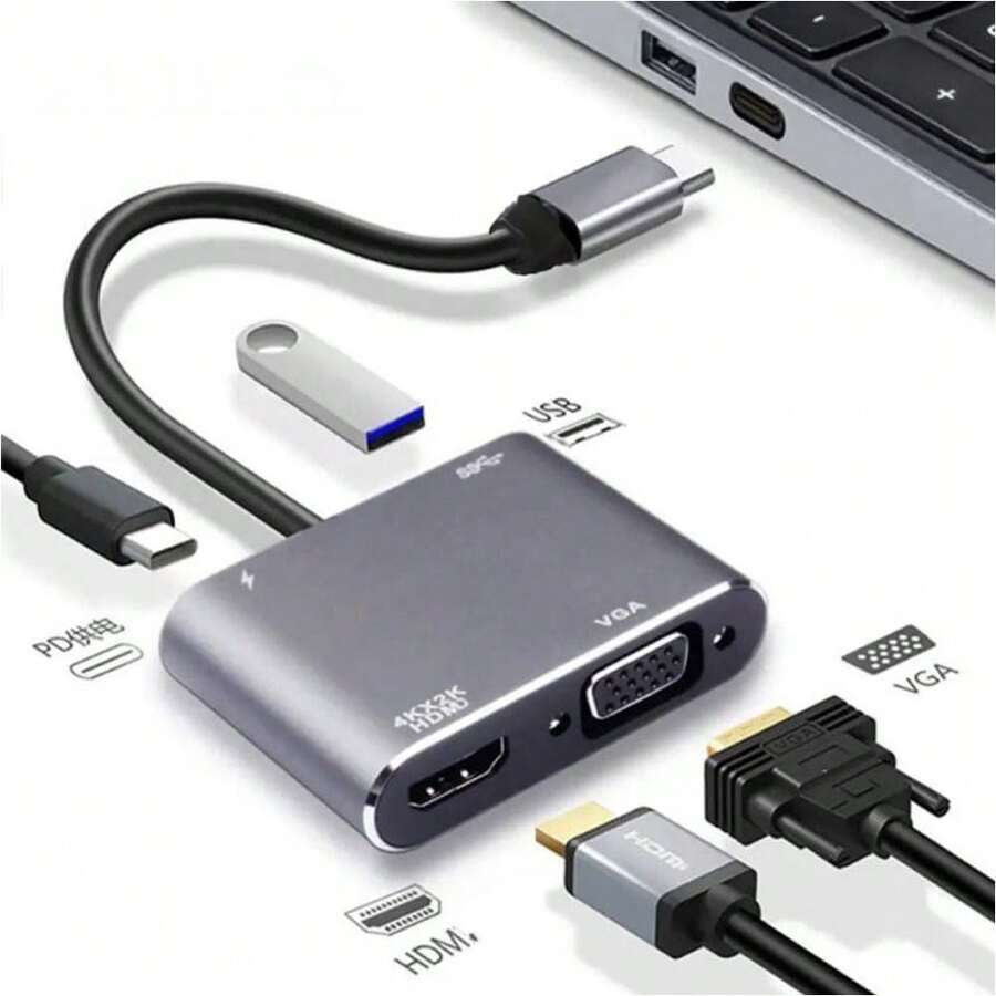 USB-C 转 HDMI 适配器，带 VGA 接口，USB 3.0 集线器，兼容 MacBook、Switch、OLED 手机、笔记本电脑 - 灰色 - 查看 1