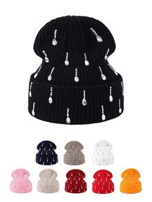 1pc Women's Fashionable Plain Jacquard Beanie Cap Warm Simple Casual Hat For Fall Winter Halloween - Multicolor - View 13