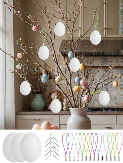 150/75/15pcs White Easter Egg Set, Easter Tree Decorations, DIY Painted Eggs, Includes White Eggs, Strings, Metal Hooks, Realistic Egg Models, Suitable For School, Birthday, Holiday And Party Craft Activities, Hanging Decorations
