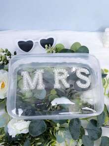 1个新娘仿珍珠装饰化妆包，透明化妆品收纳包，防水旅行袋，创意伴娘礼物，婚礼回礼袋，单身派对装饰，蜜月化妆包，适合度假、海滩、浴室、卧室，大容量 - 彩色 - 查看 4