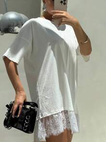Loose Oversized Lace Trim Tops For Women Short Sleeve Crew Neck Tunics A-Line Lace Tee Shirts Top Dress Streetwear - 白色 - 查看 3