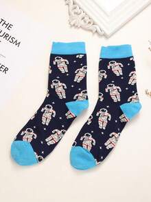 1双男女通用宇航员印花透气科幻风中筒袜，适合日常穿着和太空主题服装搭配，四季皆宜 - 彩色 - 查看 4