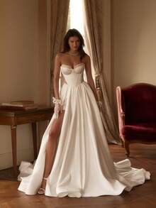 Glamorous Strapless Sweetheart Lace & Satin A-Line Wedding Dress With High Slit, Train, Wedding Dresses For Bride, Elegant And Comfortable, Includes Plus Sizes, Bridal Gown, Formal Dresses For Women, Suitable For Wedding, Party, After-Party Dress, Cocktail Party, Bride, Formal Occasions, Dinner Dress, Prom Dress, Birthday Party, Celebration, Gala, Festival, Ceremony, Graduation, Homecoming Dress, Vacation, White - 白色 - 查看 4