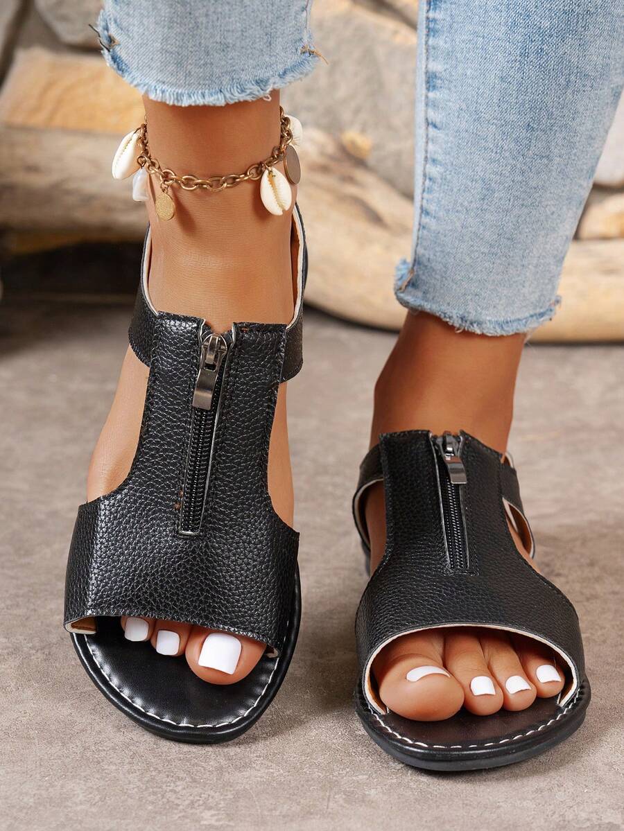 1 Pair PU Leather Zipper Beach Sandals, Outdoor Summer - Black - View 1