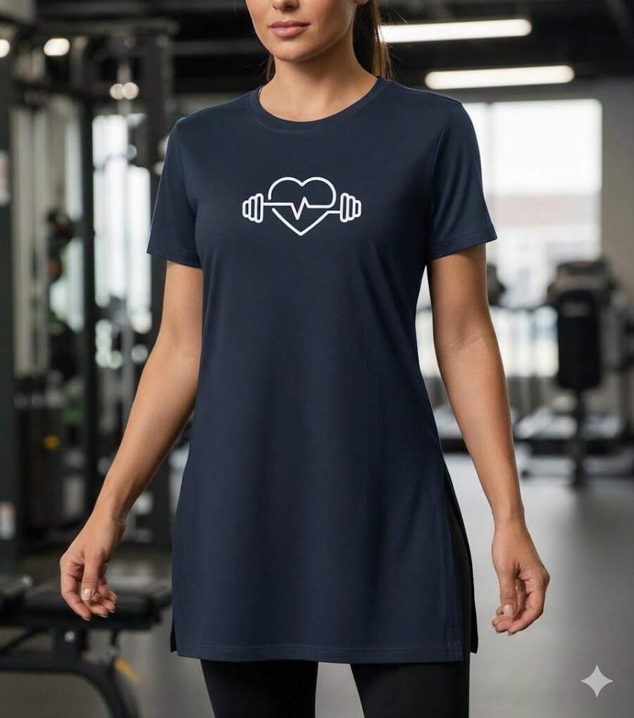 Women's Long Line Top With Butt Coverage, Fitness, Workout, Gym, Heart Print - 寶藍色 - 查看 1