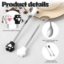 4pcs Cat Food Scoop Set - Silicone Cat Paw And Stainless Steel Mixing Spoon, Cute Cat Paw Feeding Spoon Can Scrape Off Every Bit Of Wet Food, Dishwasher , Black And White - 4pcs - View 2