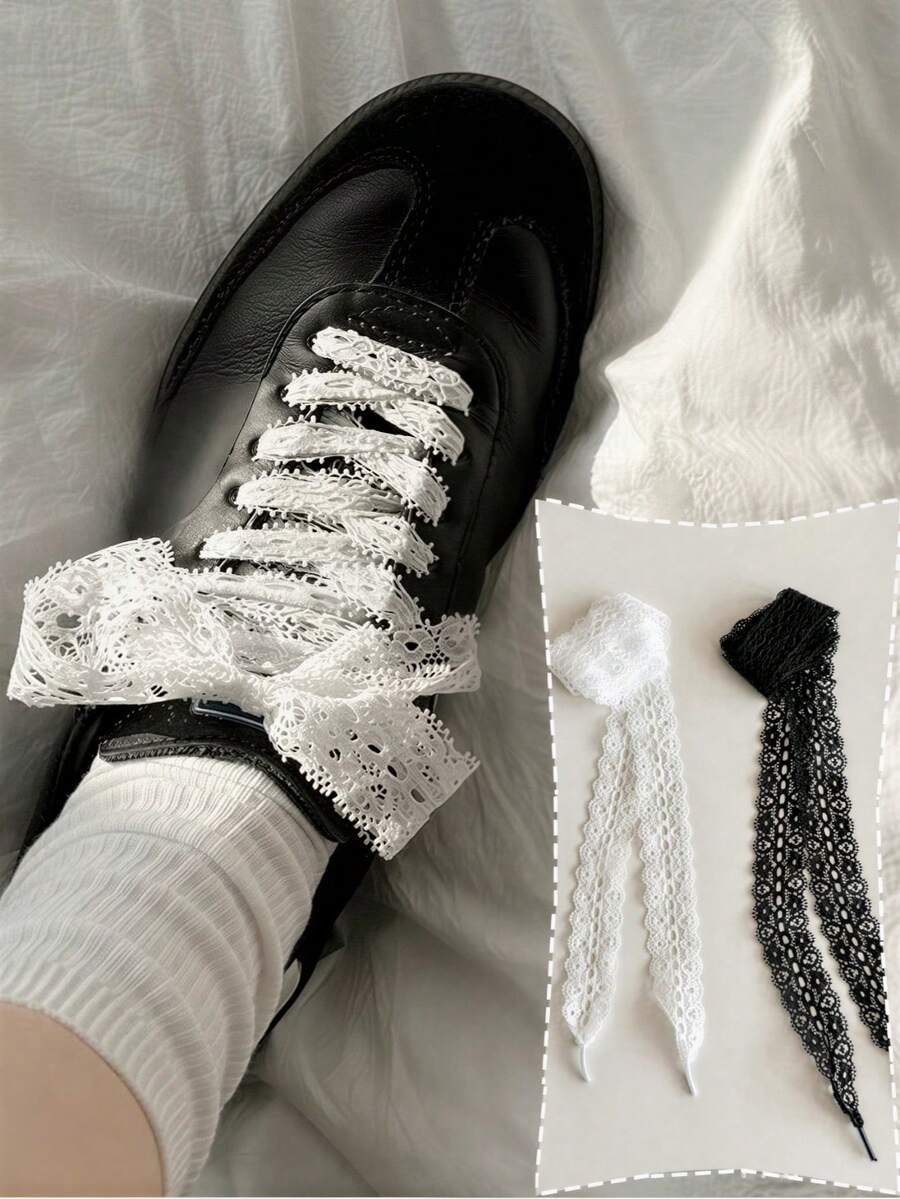 Koreanische Spitze Schleifen Schnürsenkel, Nische Atmosphäre Haargummis, geeignet für Sportschuhe & Lässig Schuhe, schwarz passend für den täglichen Sommer-Outfit