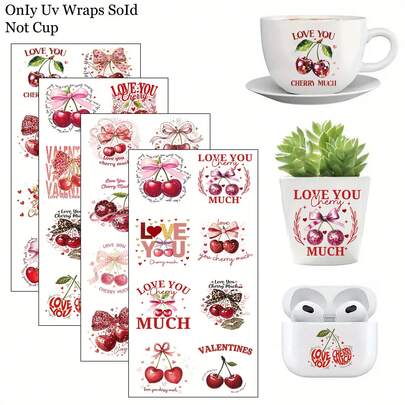 32片装“我爱你”樱桃图案转印贴纸装饰套装 - 适用于玻璃/金属/陶瓷/塑料 - 带有鲜艳樱桃和心形情人节樱桃蝴蝶结图案的转印贴纸，“爱你哟”字样，防水防刮，可用于情人节、生日和家居DIY装饰，自粘塑料贴纸