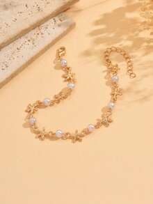 1pc Alloy Shiny Starfish & Faux Pearl Combo Anklet, Handmade Jewelry Suitable For Daily Wear, Beach Party, Date, Travel - Multicolor - View 3