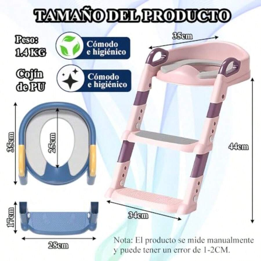Asiento Entrenador Plegable para Inodoro de Bañera con Tapizado - Escalera para Baño Infantil, Alfombra Suave de PU Desmontable, 6 Niveles Ajustables, Fácil de Limpiar, Color Rosa + Almohadilla - B, Rosa + Almohadilla de PU - Ver 1
