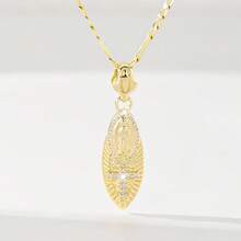 1pc European & American Classic Copper Inlaid Zirconia Leaf Shaped Guadalupe Virgin Mary Cross Pendant Necklace, Limited Edition, Suitable For Christmas/Thanksgiving/Halloween/Mother's/Valentine's Day Gifts For Couples/Friends/Godparents, Catholic First Communion, Gifts, Daily & Holiday Wear Prayer - Yellow Gold - View 8