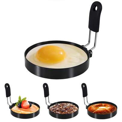 Non-Stick Egg Rings With Handle - Round Egg Cooking Rings For Frying Eggs, Pancakes & Breakfast Sandwiches, Heat Resistant & Easy Clean, Foldable Handle For Storage