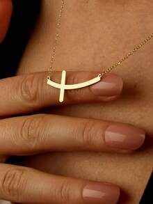 1pc 18K Gold Plated Stainless Steel Women's Cross Necklace, Personalized Side Cross Necklace, Christian Gift, Gift For Her - Gold - View 8