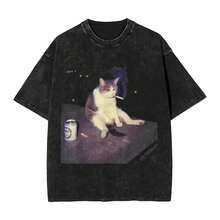 Cigarette Kitten  Smoking Cat Meme Washed T Shirt Hip Hop Harajuku Men Women Loose Tee T-Shirts Short Sleeve - 黑色 - 查看 1