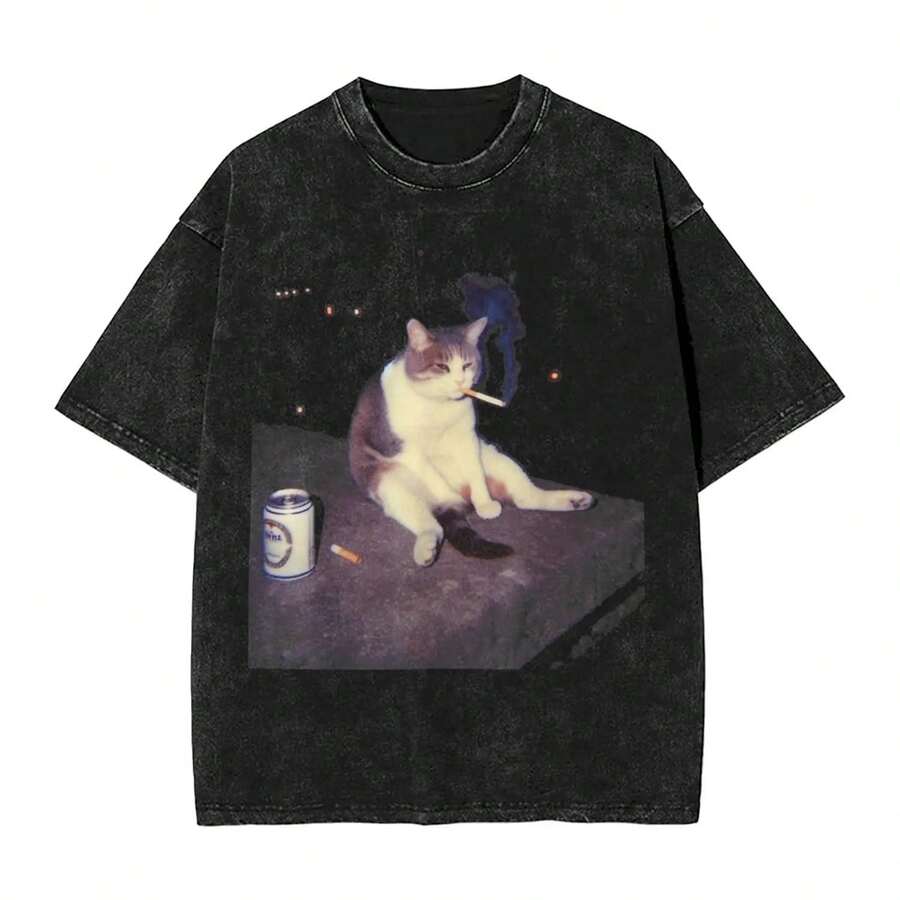 Cigarette Kitten  Smoking Cat Meme Washed T Shirt Hip Hop Harajuku Men Women Loose Tee T-Shirts Short Sleeve - 黑色 - 查看 1