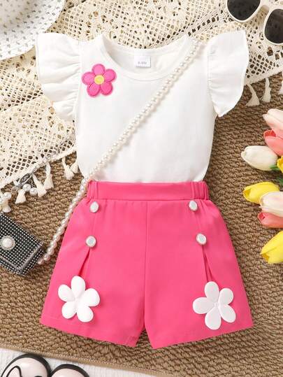 2pcs/Set Baby Girls' Soft & Comfortable Casual Elegant Outfit, Cute 3D Floral Ruffle Trim Round Neck T-Shirt Paired With Simple Button Decor Shorts, Suitable For Toddler Girls, Daily Wear, Vacation, Party, Photo Shoot, Outdoor Activities In Summer