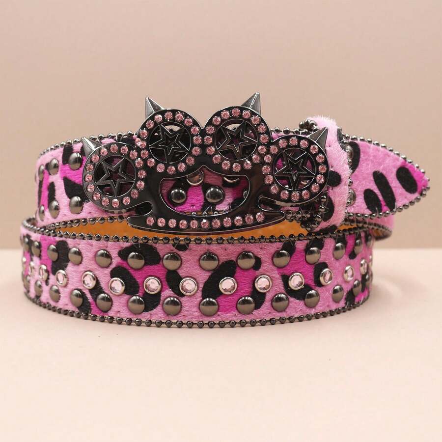 Finger Tiger Buckle Punk New Leopard Print Rhinestone Belt Belt Full Of Diamonds Y2K European And American Belt Women's Decorative Rhinestones  Decorative Eye-Catching Belt For Men And Women Y2K Punk Belt  Rodeo Cinturón Western Accessories Correas Cinturones De Mujer Cinturones Y2k Belt Belts Waist Belt Cintos De Mujer Belts For Women Emo Accsesories Western Belt For Women Women Belt Men Belt Belt For Men - Hồng - Xem 1