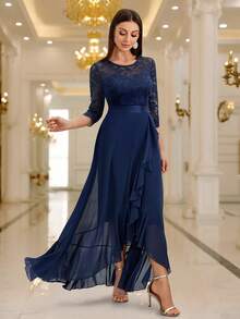 MIUSOL Vestido de fiesta de noche, boda y primavera con mangas 3/4, volantes y encaje floral elegante - Azul Marino - Ver 7