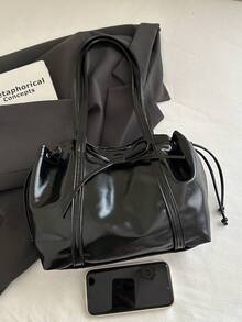 1pc Black Vintage Minimalist Solid Color PU Tote Bag, Large Capacity Women Shoulder Bag, Autumn/Winter - Black - View 3