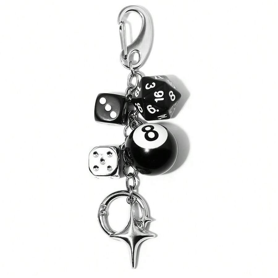 1pc Premium Asymmetrical Black Billiard Ball, Dice, Snooker Keychain, Phone Charm, Versatile Accessory - Multicolor - View 1