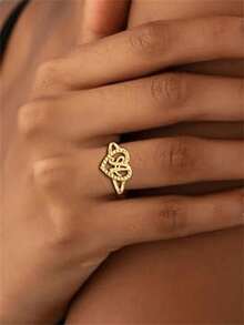 2pcs Elegant Hollow Heart & Letter Adjustable Rings, Fashionable Jewelry Gifts Suitable For Women, Girlfriends, Wives, Mothers, Families And Friends On Birthdays, Anniversaries And Other Occasions - Yellow Gold - View 3