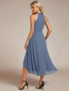 EVERPRETTY Elegant Ruffle Backless High-Low Hem Chiffon Bridesmaid Dress, Dusty Blue, Midi Length, Suitable For Wedding, Party, Formal Occasions Spring - Dusty Blue - View 4