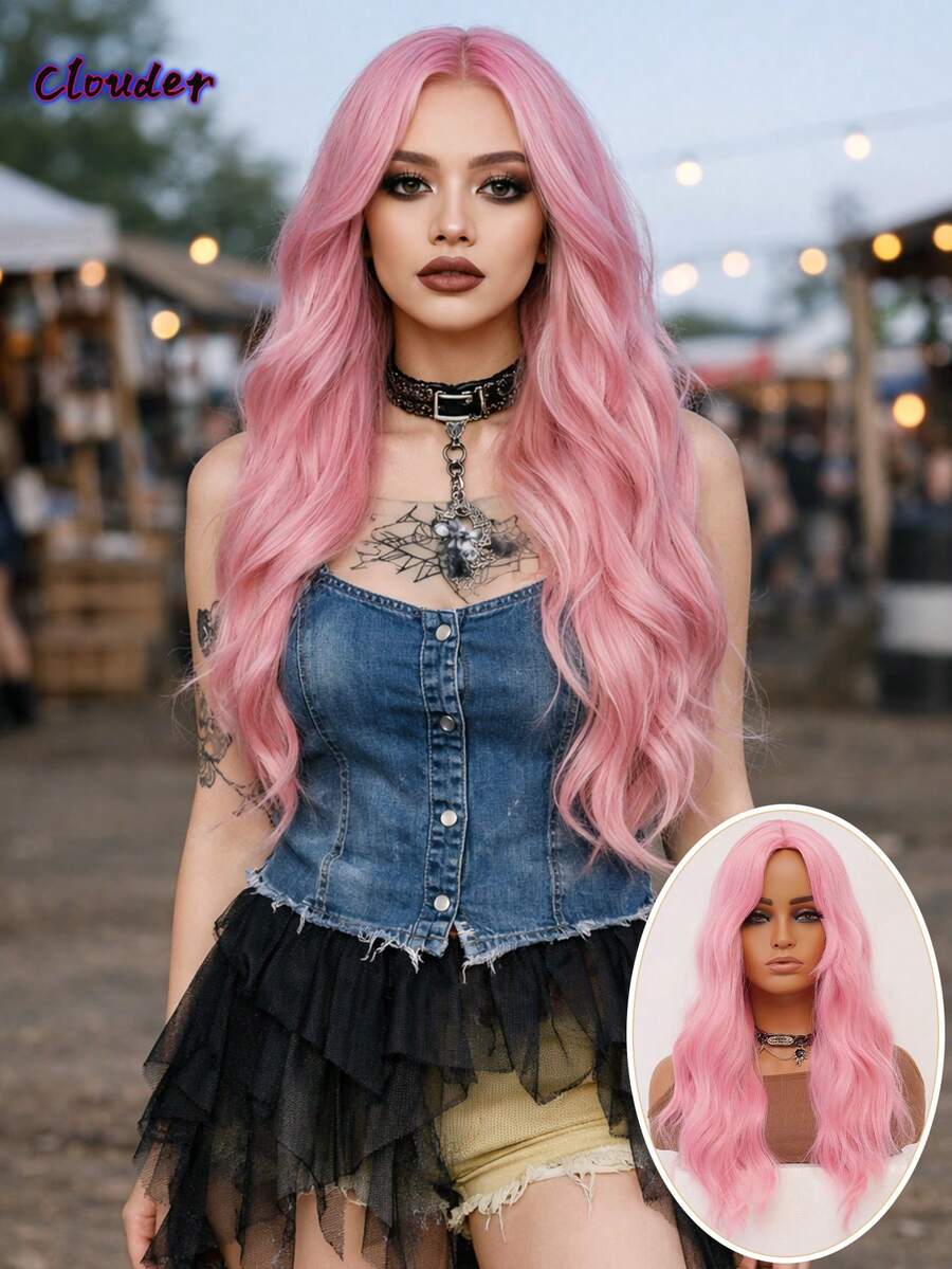 clouder Gothic Punk Pink Long Wavy Curly Wig 26-Inch Center-Parted Bangs Heat-Resistant Synthetic Fiber Wig Women's Soft And Fluffy Curls Perfect For Daily Cosplay, Street Style, Holiday Parties, Music Festivals, Y2K Aesthetic, Avant-Garde College Chic, Modern Fashion Punk Looks - 粉色 - 查看 1