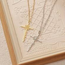 1pc Women's Fashion Pendant Name Necklace - Personalized Cross + Birthday Flower Design, Customizable English Name And Birth Flower, 304L Stainless Steel Jewelry, A Must-Have For Casual Wear, A Unique Gift For Her - Multicolor - View 3