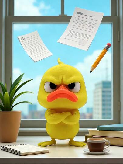 愤怒的黄鸭雕像 - 一只滑稽、表情丰富的鸭子摆件，双臂交叉，塑料材质，可作为桌面收藏品/办公装饰品，适用于办公室、家庭、宿舍和浴室装饰。这款愤怒的黄鸭雕像造型独特，是收藏或展示的完美之选。