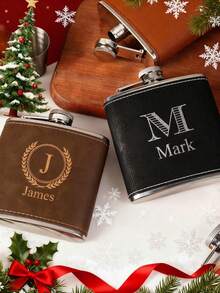 Personalized Leather Flask For Men, Customized Groomsman Proposal Flask, Best Man Wedding Gift Set, Engraved Liquor Flask For Bridal Party, Groomsman Proposal Gift - Multicolor - View 5