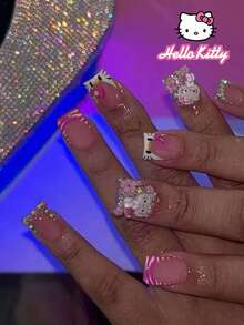 SANRIO 24片短方形3D闪粉凝胶美甲贴纸，包含可爱的3D蝴蝶结、花朵、水钻和豹纹装饰，粉色少女风，完美贴合假指甲，内含1瓶胶水和1个指甲锉，适合日常和派对场合。 - 彩色 - 查看 1