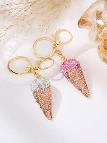 Sparkly Ice Cream Cone Keychain Rhinestone Bling Keyring Bag Charm Women Girls Gift - Multicolor - View 1