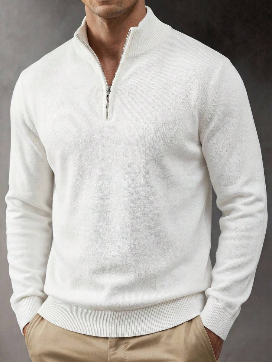ALTZTAR 男士宽松轻薄拉链长袖针织开衫，简约时尚 - 白色 - 查看 1