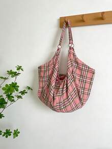 Large Capacity Plaid Pattern Shoulder Bag, New Spring/Summer Ladies Crossbody Bag, Zippered Fabric Bag, Casual Versatile Tote Bag, Suitable For Work, Study, Travel - Pink - View 4