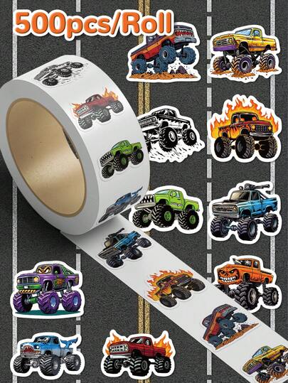 500pcs/Roll Monster Truck Stickers Cute Cartoon Self-Adhesive Stickers Perfect For Gifts, Celebrations, Scrapbooks, Skateboards, Guitars, Decorations - Arts And Crafts Stickers
