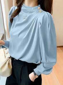 Women's Casual Commuter Shirt With Stand Collar, Pleated Design, And Princess Sleeves, Spring/Autumn - Baby Blue - View 4