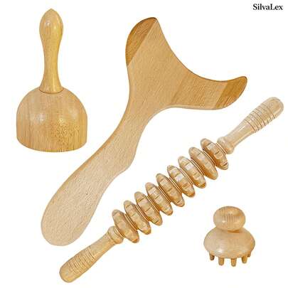 Juego de masajeador de madera para el hogar SilvaLex, kit de maderoterapia, masajeador de drenaje linfático, herramientas de escultura corporal, anti-celulitis, terapia de madera, que incluye masajeador de cuello y hombros, bastón de masaje, masajeador de pies, masajeador de ojos y rodillo facial masajeador, es adecuado para masaje personal y puede usarse como regalo para amigas, madres, hijas y festivales.