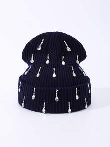1pc Men's Fashion Handmade Crystal Raindrop Decor Knitted Beanie Hat, Suitable For Autumn/Winter Daily Wear And Keeping Warm - A - View 2