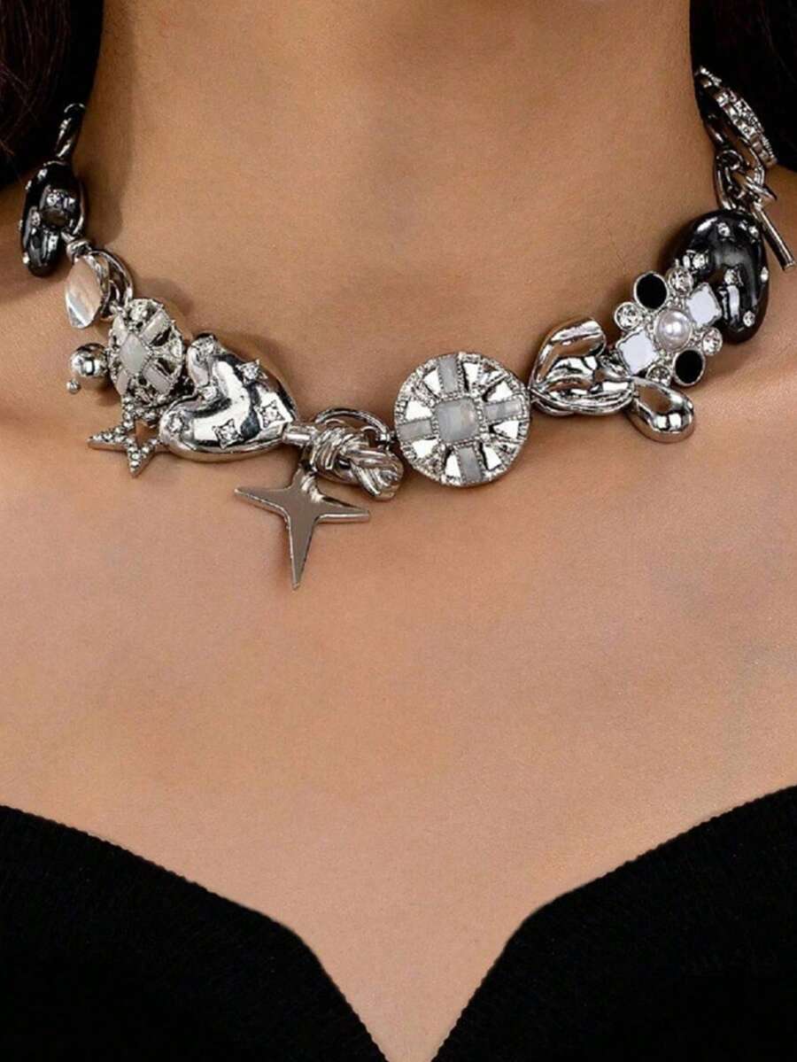 1 chiếc vòng cổ phong cách Punk công nghiệp cổ điển với mặt dây chuyền hình trái tim, hoa và ngôi sao, thích hợp cho phụ nữ tham dự các bữa tiệc, lễ hội âm nhạc và các sự kiện Ngày Valentine. - Nhiều màu - Xem 1