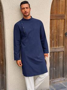 Runcati Mens Kaftan Thobe Robe Long Sleeve Cotton Henley Shirt Casual Muslim Gown Salwar Kurta - màu xanh nước biển - Xem 4