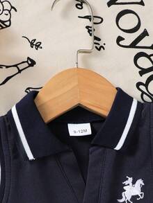 Baby Girls' Summer Preppy Style Versatile Lady Equestrian Embroidery Collar Sleeveless Pleated Dress, Casual Sporty Outdoor Daily Outfit - Royal Blue - View 7