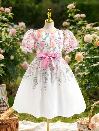 Girls' Organza Round Neck Printed Dress, Casual Daily Polyester Fabric, Cute & Elegant Children's Clothing