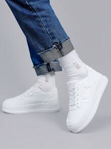 时尚百搭厚底休闲运动鞋，易于搭配的白色休闲鞋，适合所有季节 - 白色 - 查看 7