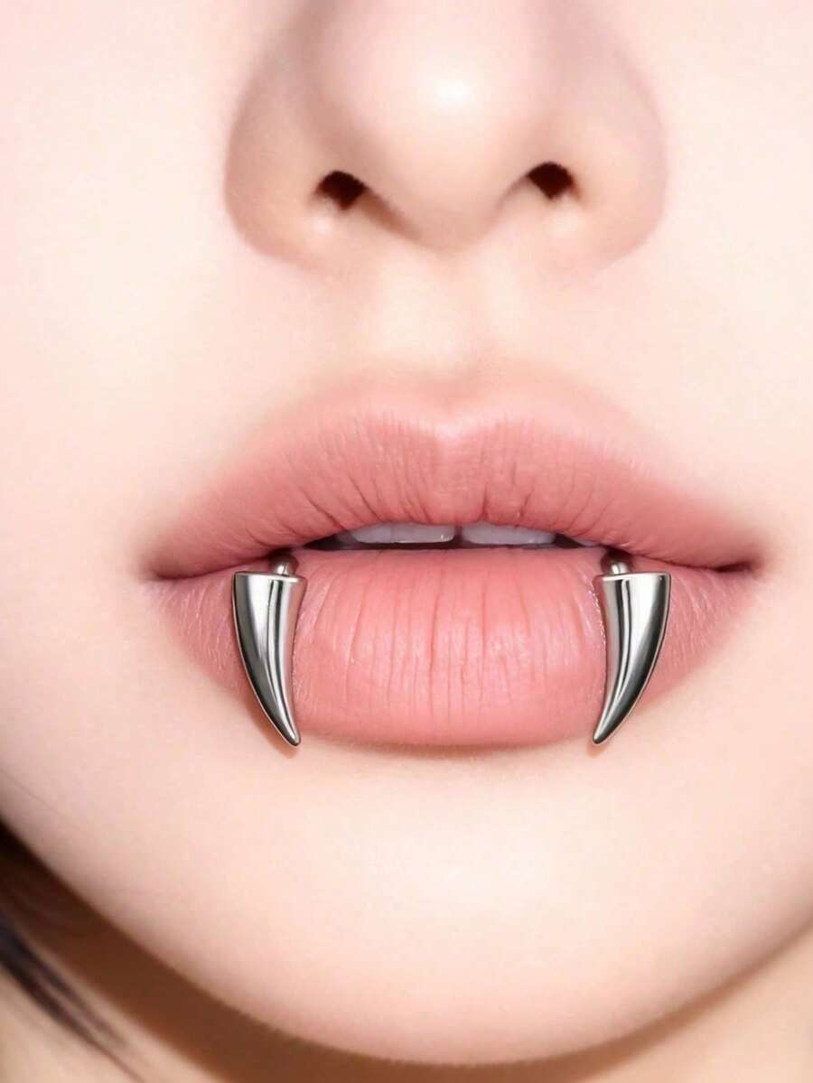 [1-Piece Stainless Steel Fangs Lip Ring]No-Piercing Clip-On Gothic Lip Jewelry For Vampire-Themed Parties, Halloween Costumes, Cosplay Events, Concerts, Night Out Dares, And Alternative Fashion Looks | Perfect Gift For Girlfriend, Wife, Best Friend, Sister, Or Daughter On Valentine's Day, Anniversaries, Birthdays, Or Graduations - 銀色 - 查看 1