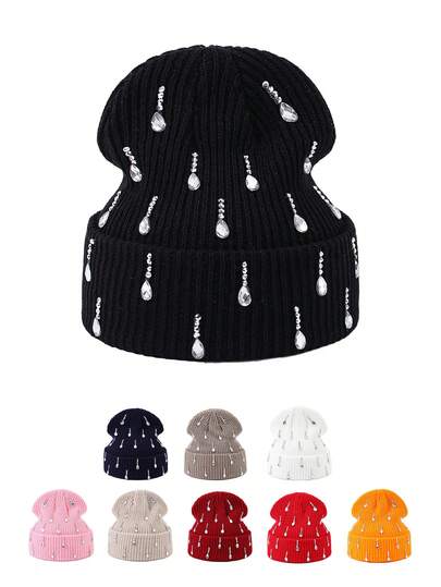 1pc Men's Fashion Handmade Crystal Raindrop Decor Knitted Beanie Hat, Suitable For Autumn/Winter Daily Wear And Keeping Warm