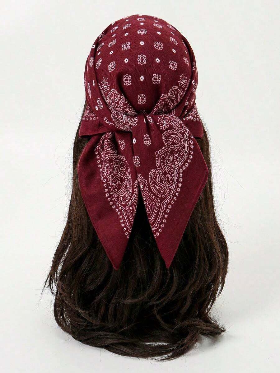 1pc Simple Printed 70cm Square Scarf, New Spring Bandana For Women, Versatile Waist Belt, Bag Decor, Headband, Fashion Neckerchief For Dress - 勃根地 2 - 查看 1